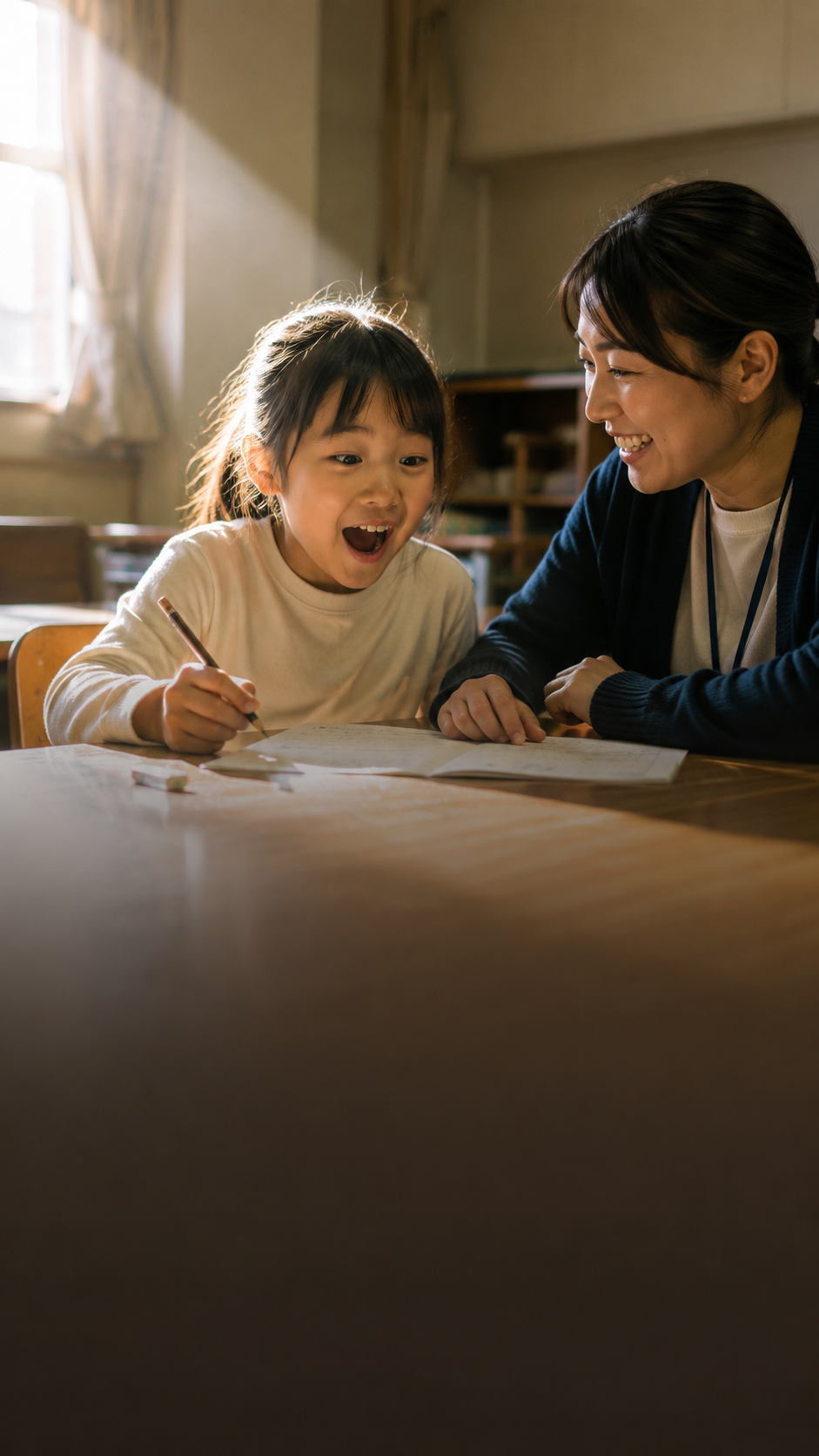 スタッフが子どもの隣で、笑顔で寄り添いながら話を聞く様子